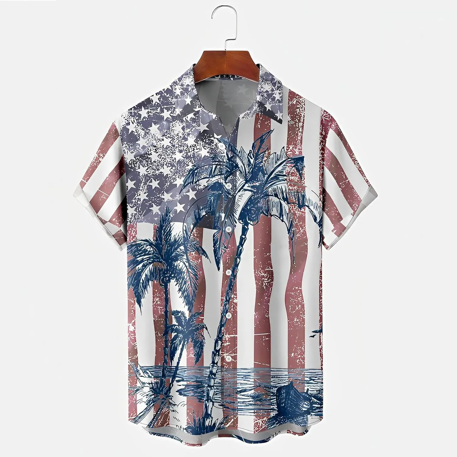Men's 4th of July Shirts Button Up Patriotic American Flag Red White Blue Hawaiian Shirt Fourth of July Shirts