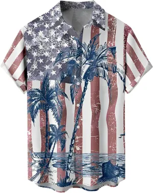 Men's 4th of July Shirts Button Up Patriotic American Flag Red White Blue Hawaiian Shirt Fourth of July Shirts