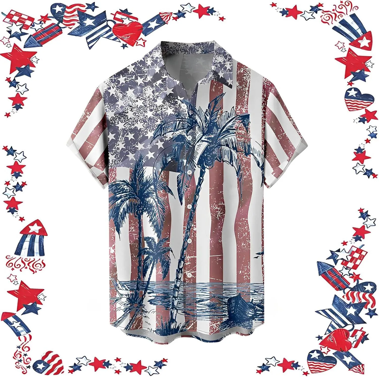 Men's 4th of July Shirts Button Up Patriotic American Flag Red White Blue Hawaiian Shirt Fourth of July Shirts