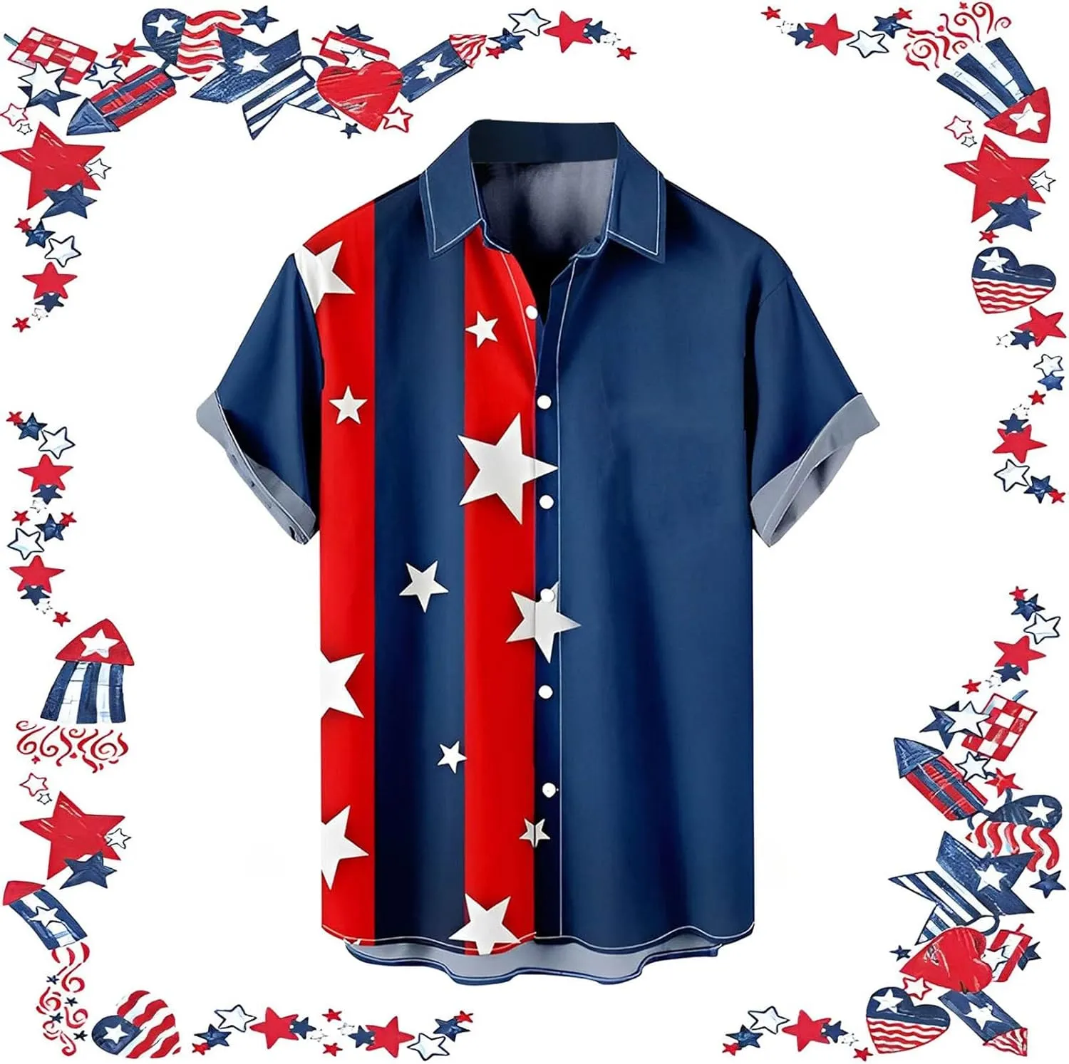 Men's 4th of July Shirts Button Up Patriotic American Flag Red White Blue Hawaiian Shirt Fourth of July Shirts