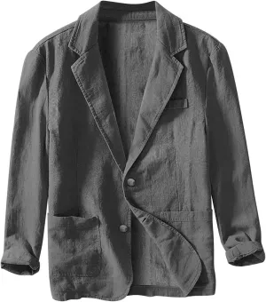 Mens Blazer Casual Cotton-Linen Sport Coat Solid Color Lapel Collar Lightweight 2 Button Unlined Work Suit Jackets