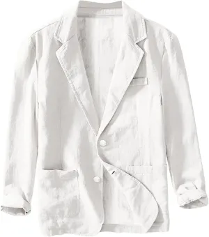 Mens Blazer Casual Cotton-Linen Sport Coat Solid Color Lapel Collar Lightweight 2 Button Unlined Work Suit Jackets