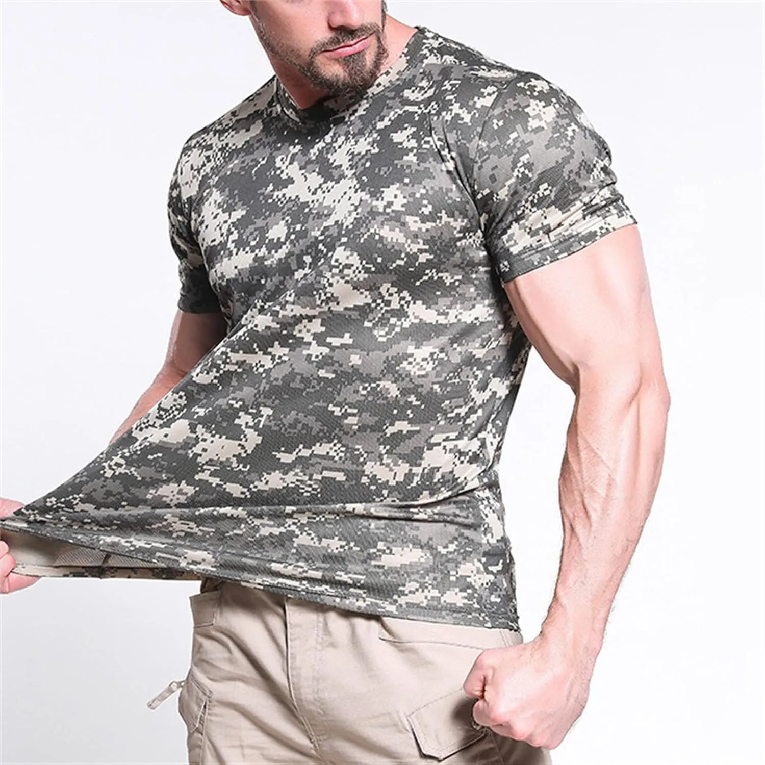 Mens Camo Compression Shirt Short Sleeve Quick Dry Lighweight Athletic Workout T-Shirt Crewneck Sports Tee Base-Layer