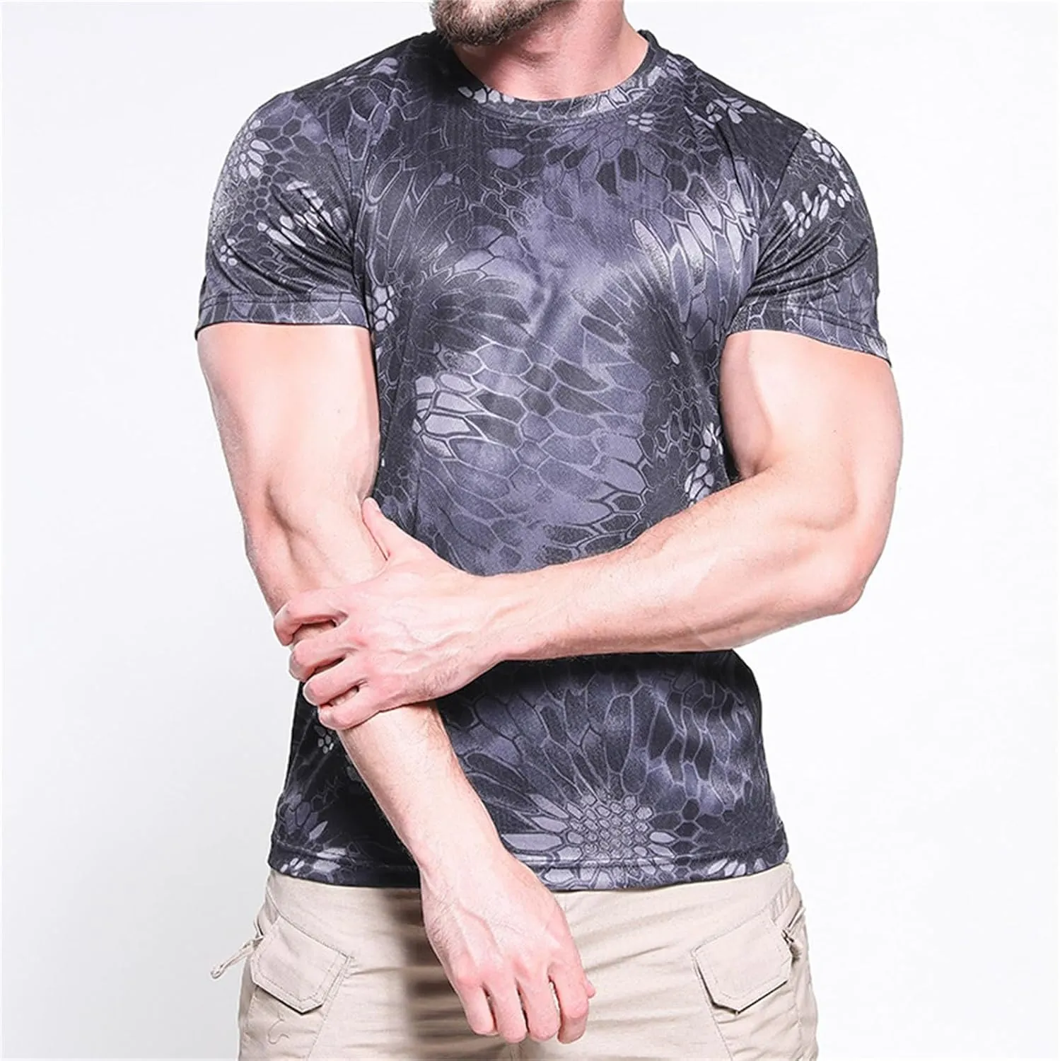 Mens Camo Compression Shirt Short Sleeve Quick Dry Lighweight Athletic Workout T-Shirt Crewneck Sports Tee Base-Layer