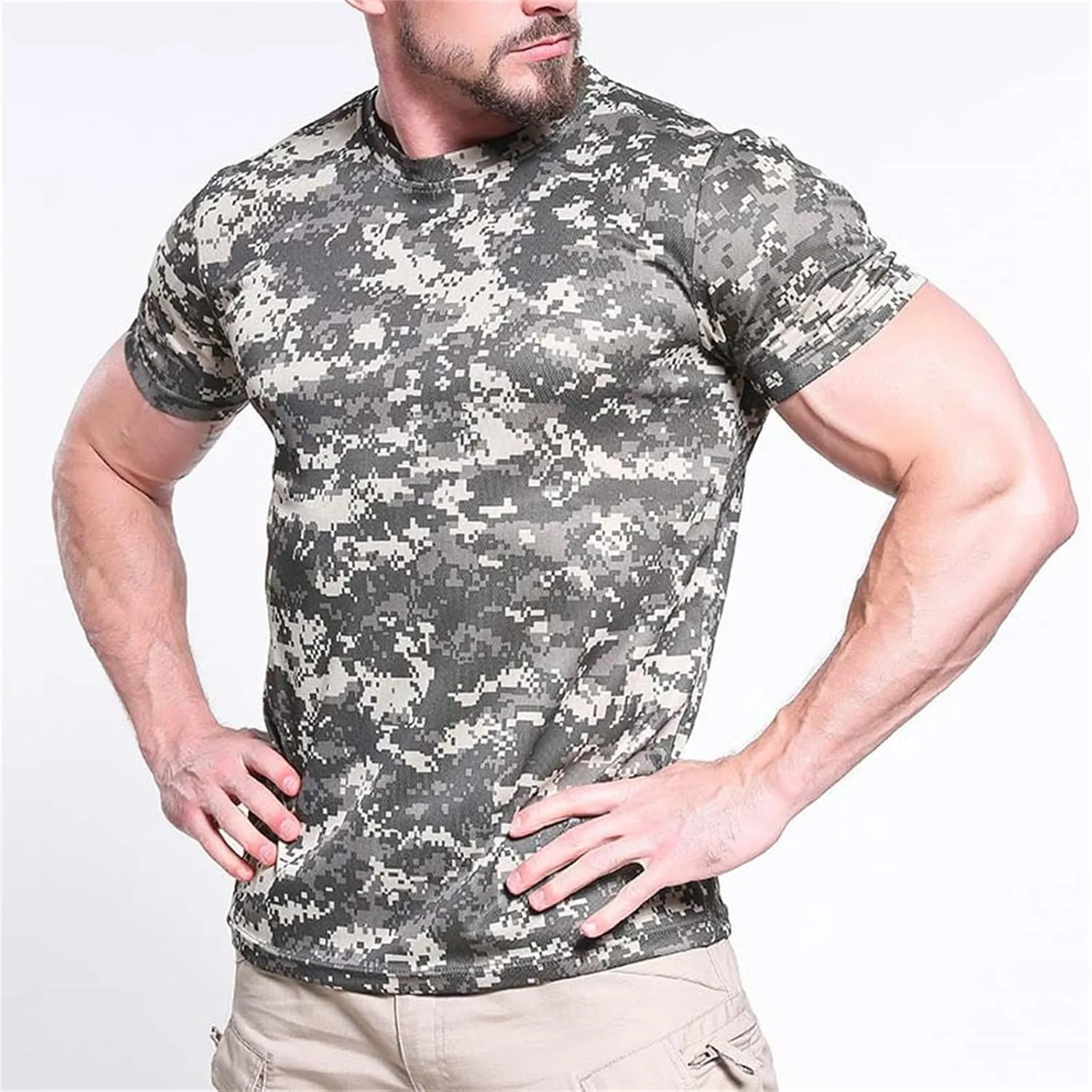 Mens Camo Compression Shirt Short Sleeve Quick Dry Lighweight Athletic Workout T-Shirt Crewneck Sports Tee Base-Layer
