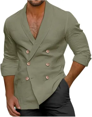 Mens Casual Double Breast Blazer Suit Jackets Lightweight V Neck Linen Work Jackets Three Button Slim Fit Sport Coats