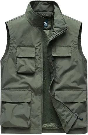 Men's Casual Lightweight Outdoor Vest Work Fish Photo Travel Vest Cargo Utility Vest Multi Pockets Sleeveless Jacket