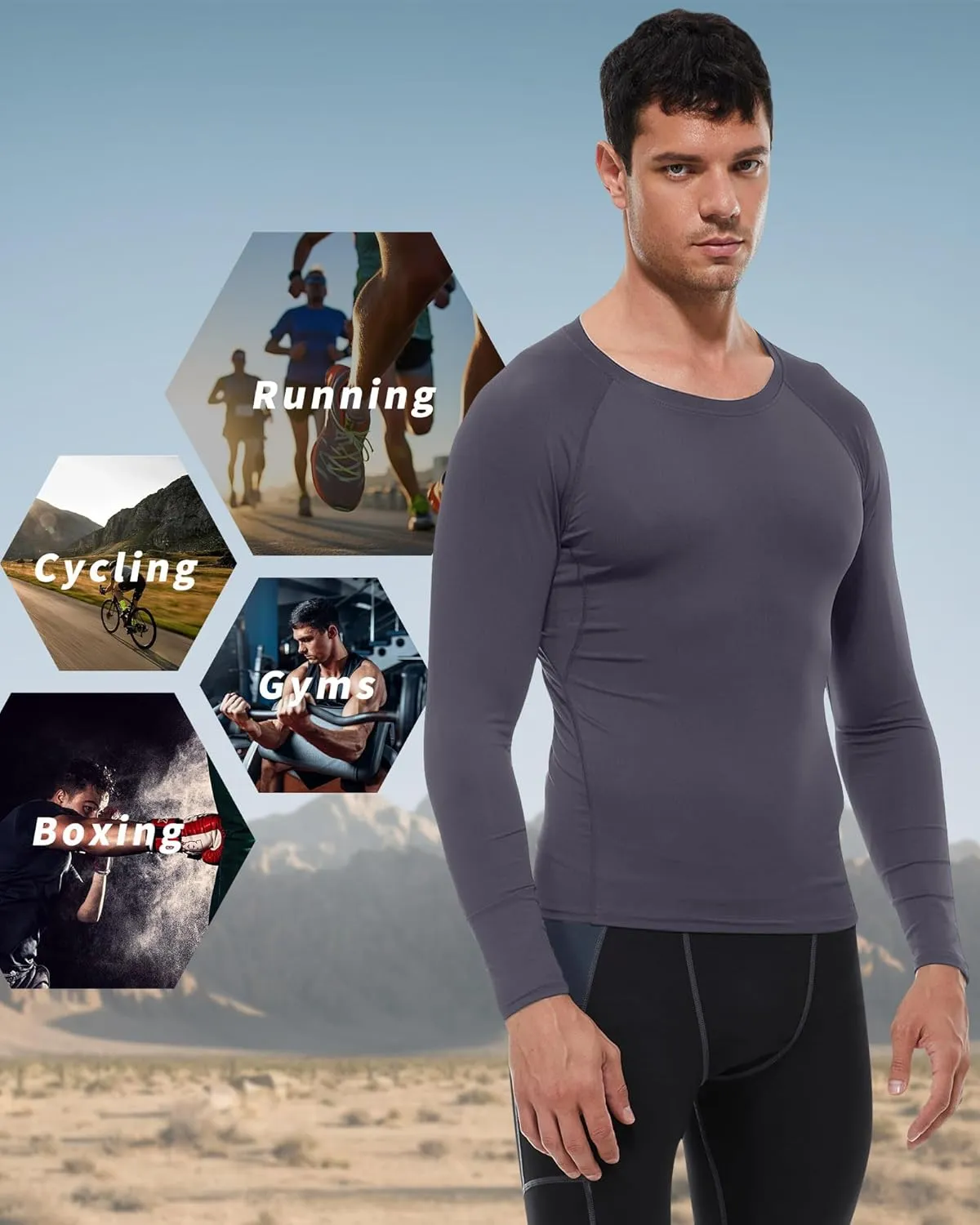 Men's Compression Shirt Long Sleeve Cool Dry Athletic Sports Baselayer Undershirts Running Workout Gym Top T-Shirt
