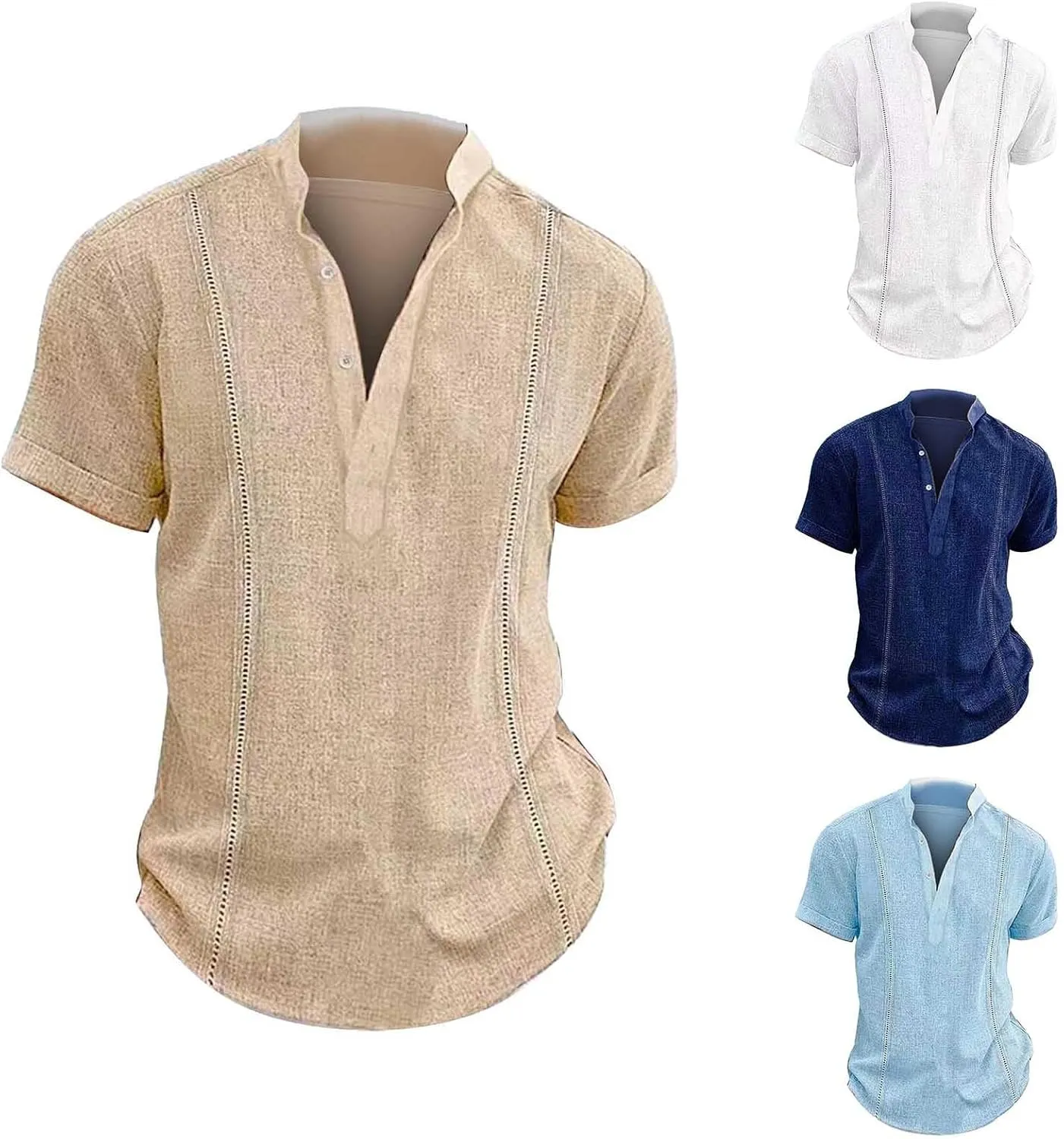 Mens Cotton Linen Henley Shirt Deep V Neck Stand-Up Collar Short Sleeve Casual Shirts Combat Active Loose Outdoor Travel Tops
