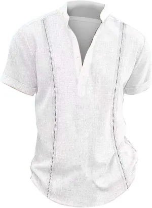 Mens Cotton Linen Henley Shirt Deep V Neck Stand-Up Collar Short Sleeve Casual Shirts Combat Active Loose Outdoor Travel Tops