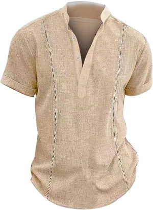 Mens Cotton Linen Henley Shirt Deep V Neck Stand-Up Collar Short Sleeve Casual Shirts Combat Active Loose Outdoor Travel Tops