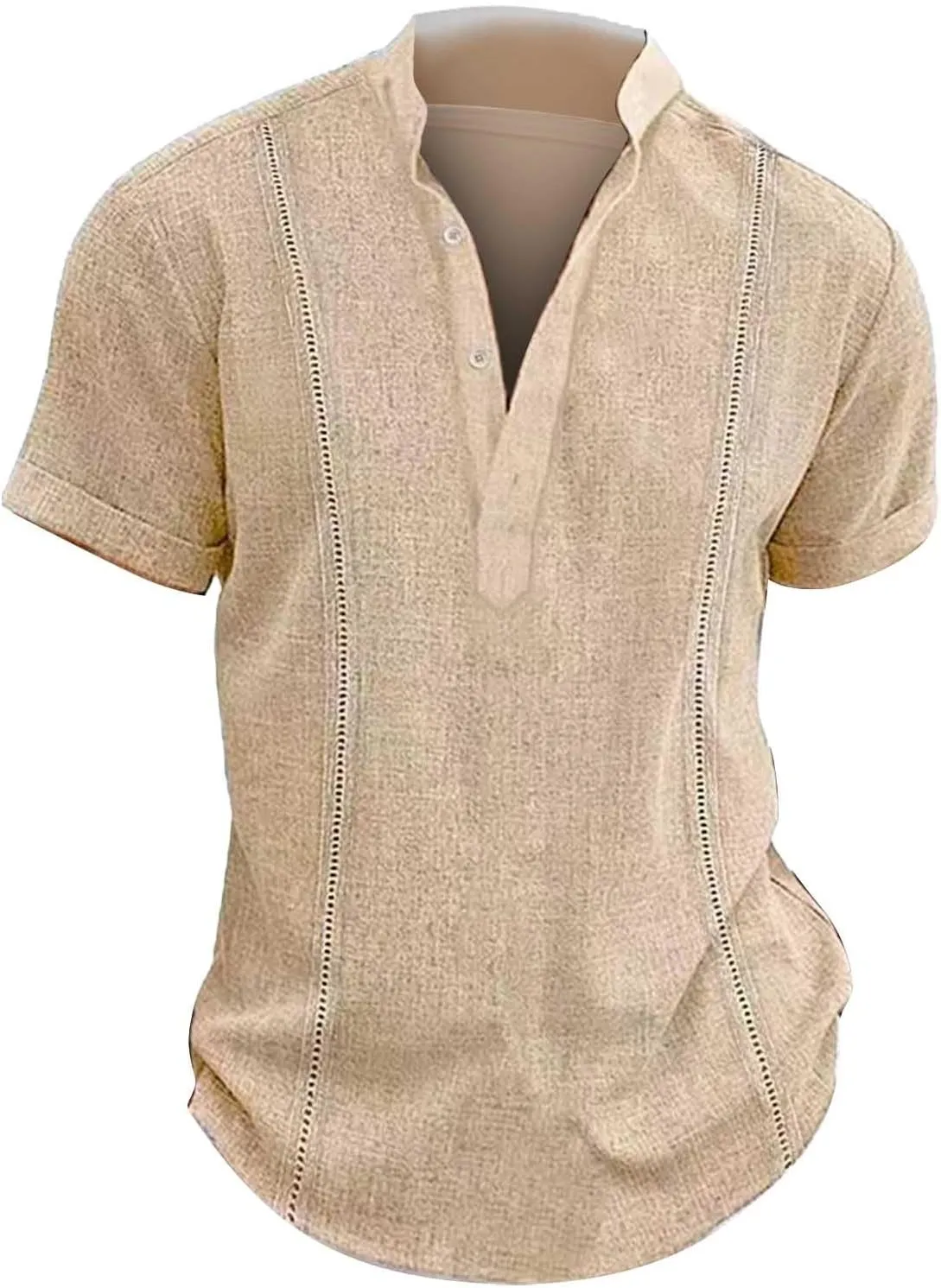 Mens Cotton Linen Henley Shirt Deep V Neck Stand-Up Collar Short Sleeve Casual Shirts Combat Active Loose Outdoor Travel Tops