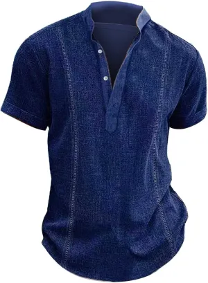 Mens Cotton Linen Henley Shirt Deep V Neck Stand-Up Collar Short Sleeve Casual Shirts Combat Active Loose Outdoor Travel Tops