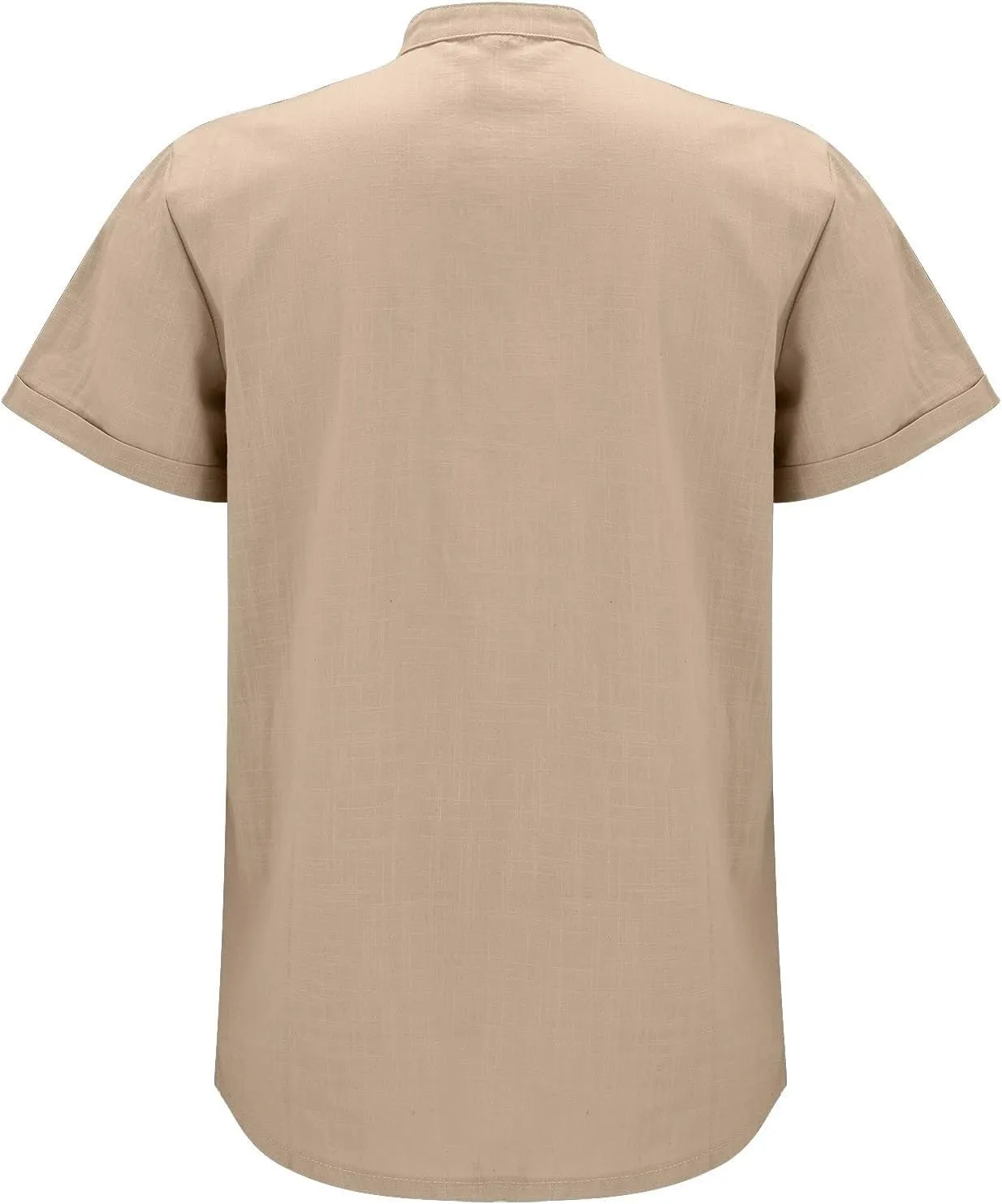 Mens Cotton Linen Henley Shirt Deep V Neck Stand-Up Collar Short Sleeve Casual Shirts Combat Active Loose Outdoor Travel Tops