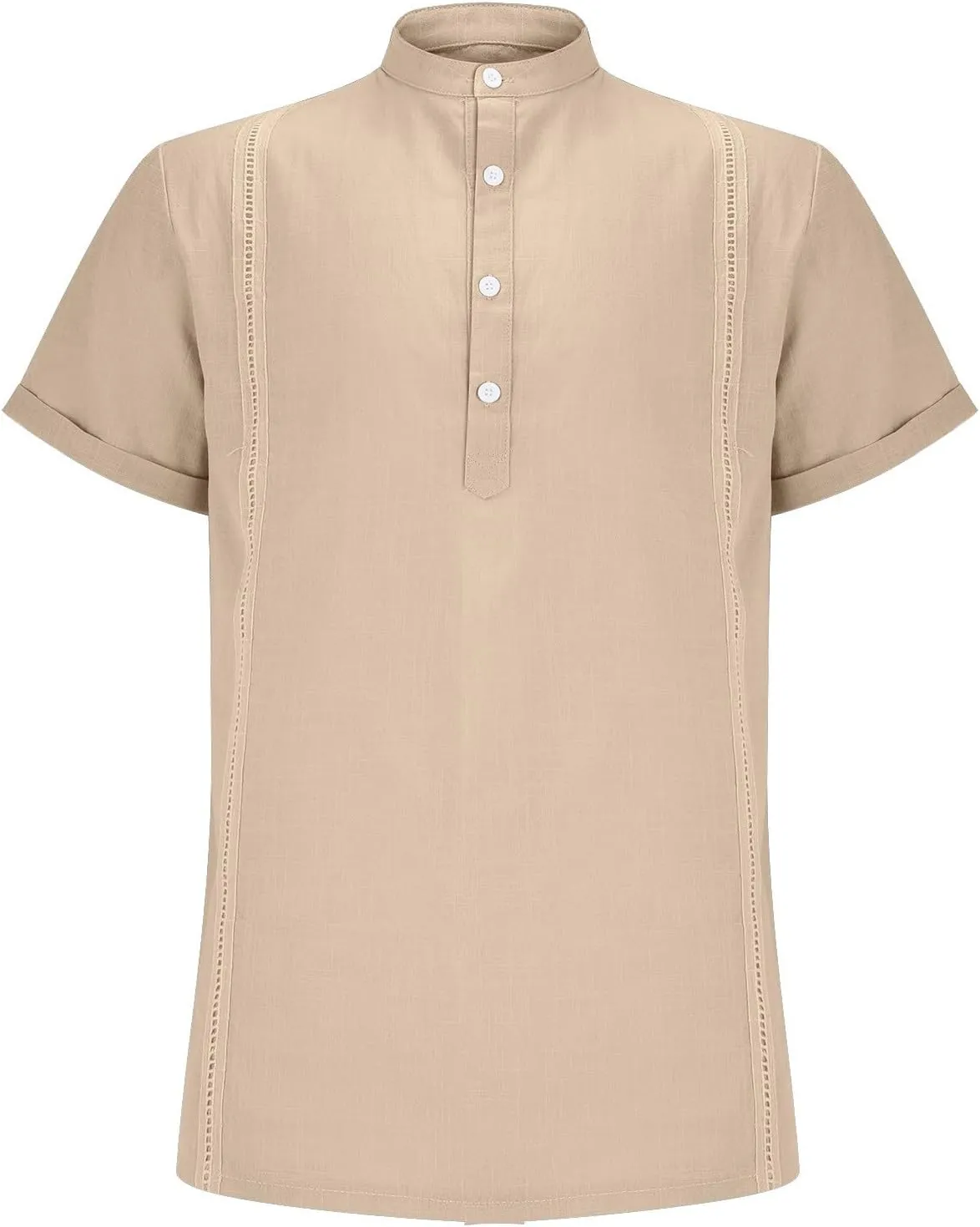 Mens Cotton Linen Henley Shirt Deep V Neck Stand-Up Collar Short Sleeve Casual Shirts Combat Active Loose Outdoor Travel Tops