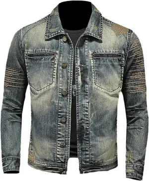 Men's Denim Jacket Fashion Punk Style Hipster Streetwear Coat Zip Pocket Stand Collar Plus Size Cargo Outwear Tops