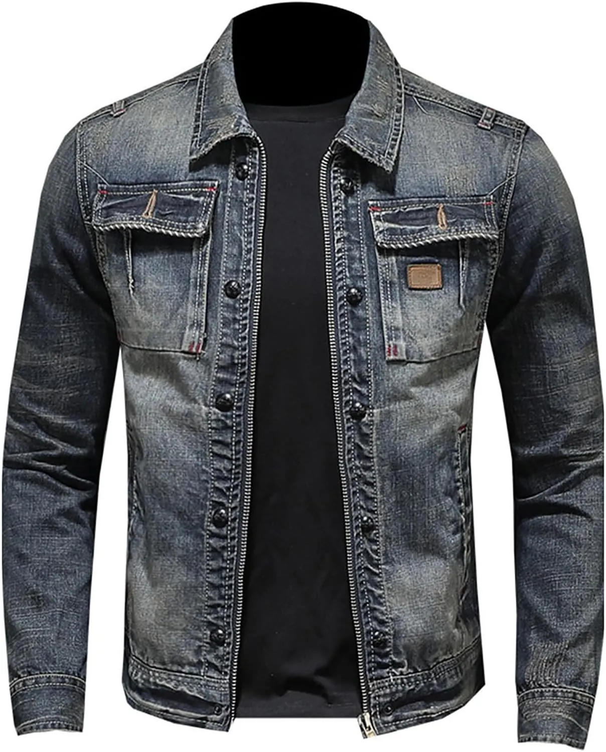 Men's Denim Jacket Fashion Punk Style Hipster Streetwear Coat Zip Pocket Stand Collar Plus Size Cargo Outwear Tops