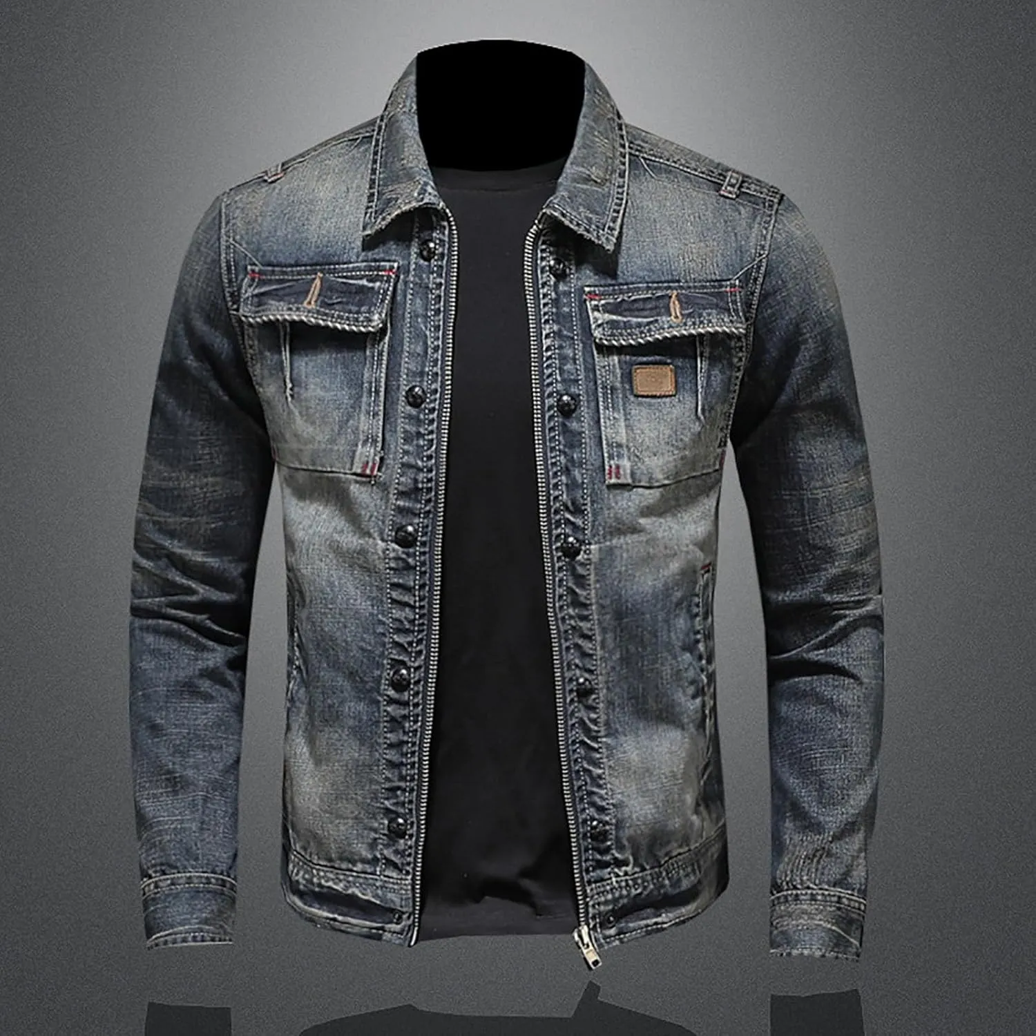Men's Denim Jacket Fashion Punk Style Hipster Streetwear Coat Zip Pocket Stand Collar Plus Size Cargo Outwear Tops
