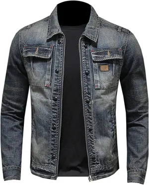 Men's Denim Jacket Fashion Punk Style Hipster Streetwear Coat Zip Pocket Stand Collar Plus Size Cargo Outwear Tops