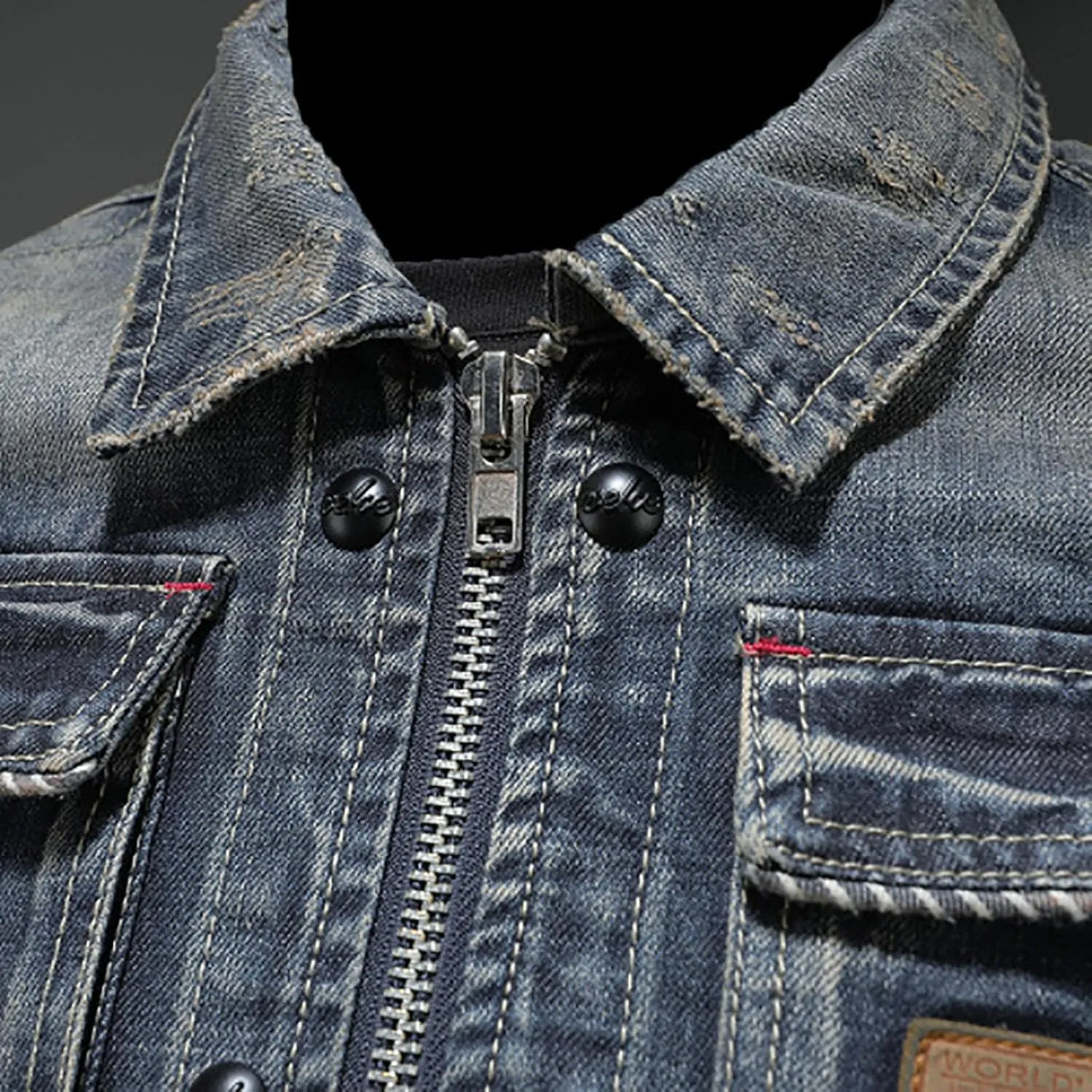 Men's Denim Jacket Fashion Punk Style Hipster Streetwear Coat Zip Pocket Stand Collar Plus Size Cargo Outwear Tops