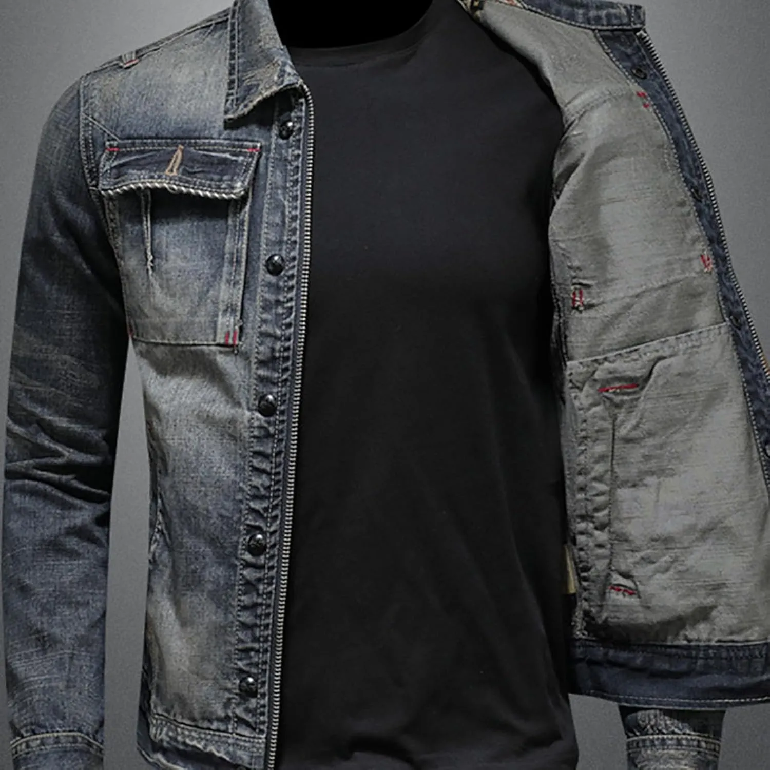 Men's Denim Jacket Fashion Punk Style Hipster Streetwear Coat Zip Pocket Stand Collar Plus Size Cargo Outwear Tops