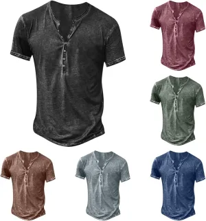 Men's Distressed Henley Shirts Button Up V-Neck T-Shirts Short Sleeve Tops Comfy Tees Summer Casual Pullover Vintage Blouse