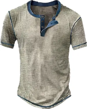 Mens Distressed Henley Shirts Vintage Color Block Waffle Plaid Short Sleeve Button T-Shirt Slim Fit Casual Shirt