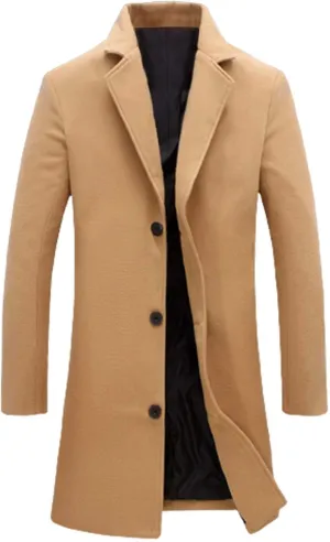 Mens Double Breasted Trench Coat Notched Collar Long Jacket Wool Blend Pea Coat Smart Casual Business Overcoat Big&Tall