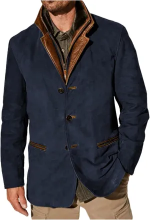 Men's Faux Leather Jacket Suede Blazer Suit Buttons Zipper Vintage Overcoat Lapel Cargo Coat Outwear with Pockets