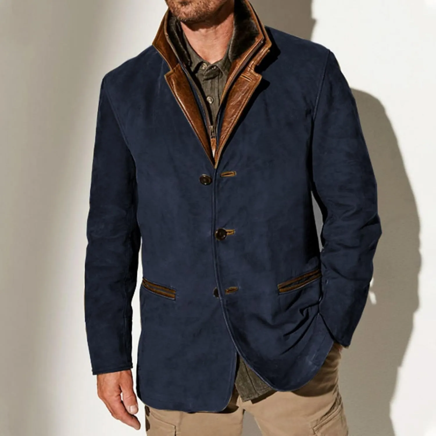 Men's Faux Leather Jacket Suede Blazer Suit Buttons Zipper Vintage Overcoat Lapel Cargo Coat Outwear with Pockets
