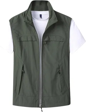 Mens Full-Zip Lightweight Softshell Vest Quick Dry Outdoor Casual Multi Pocket Fishing Vests Jacket for Hiking Golf