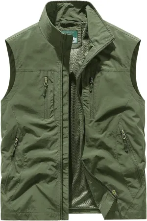 Men's Full Zip Sleeveless Quick Dry Jacket Casual Outdoor Vest Outerwear Multi Pockets Fishing Vests for Sport Golf