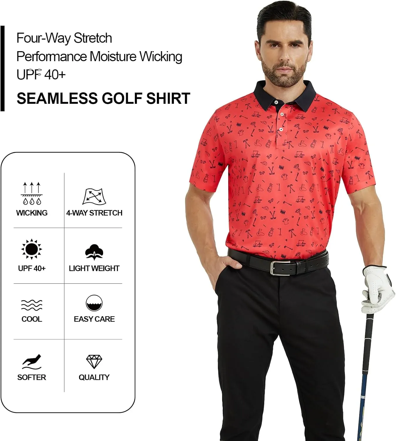 Mens Golf Shirt Seamless Mens Polo Shirts Fashion Print Mens Golf Polo Short Sleeve Dry Fit Golf Shirts for Men