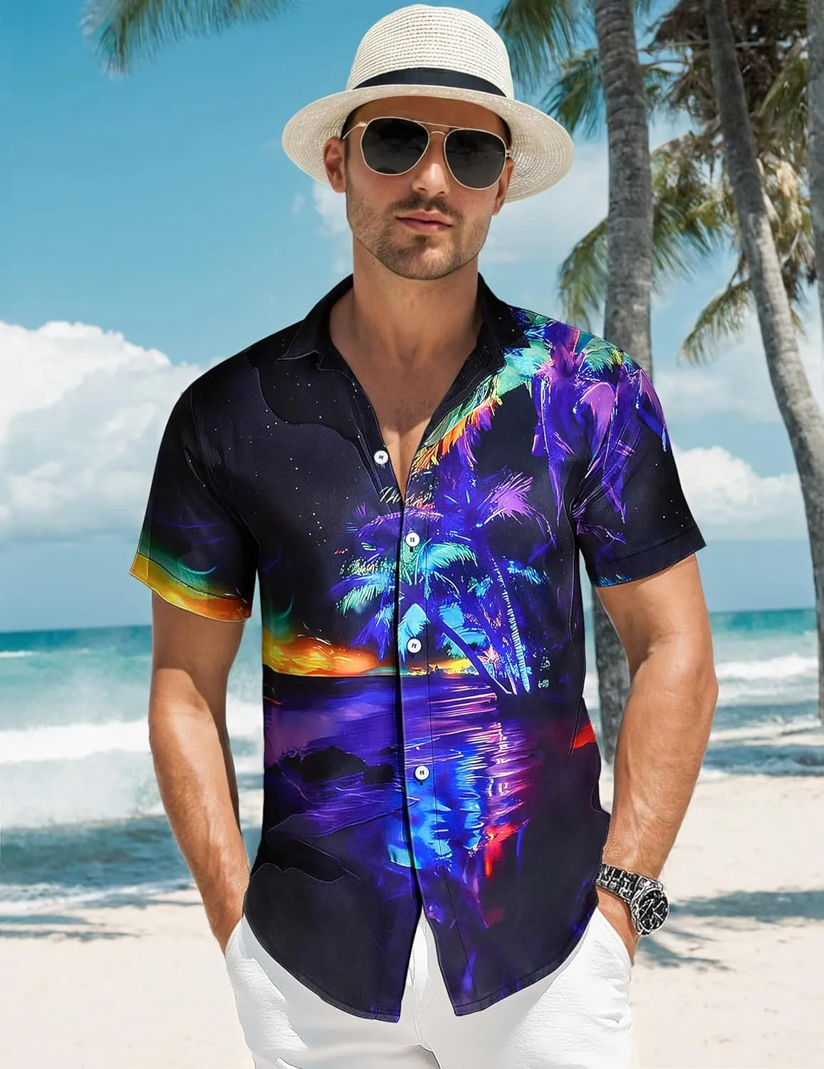 Men's Hawaiian Printed Short Sleeve Shirts Tropical Floral Button Down Aloha Holiday Shirt Vacation Casual Beach Clothings