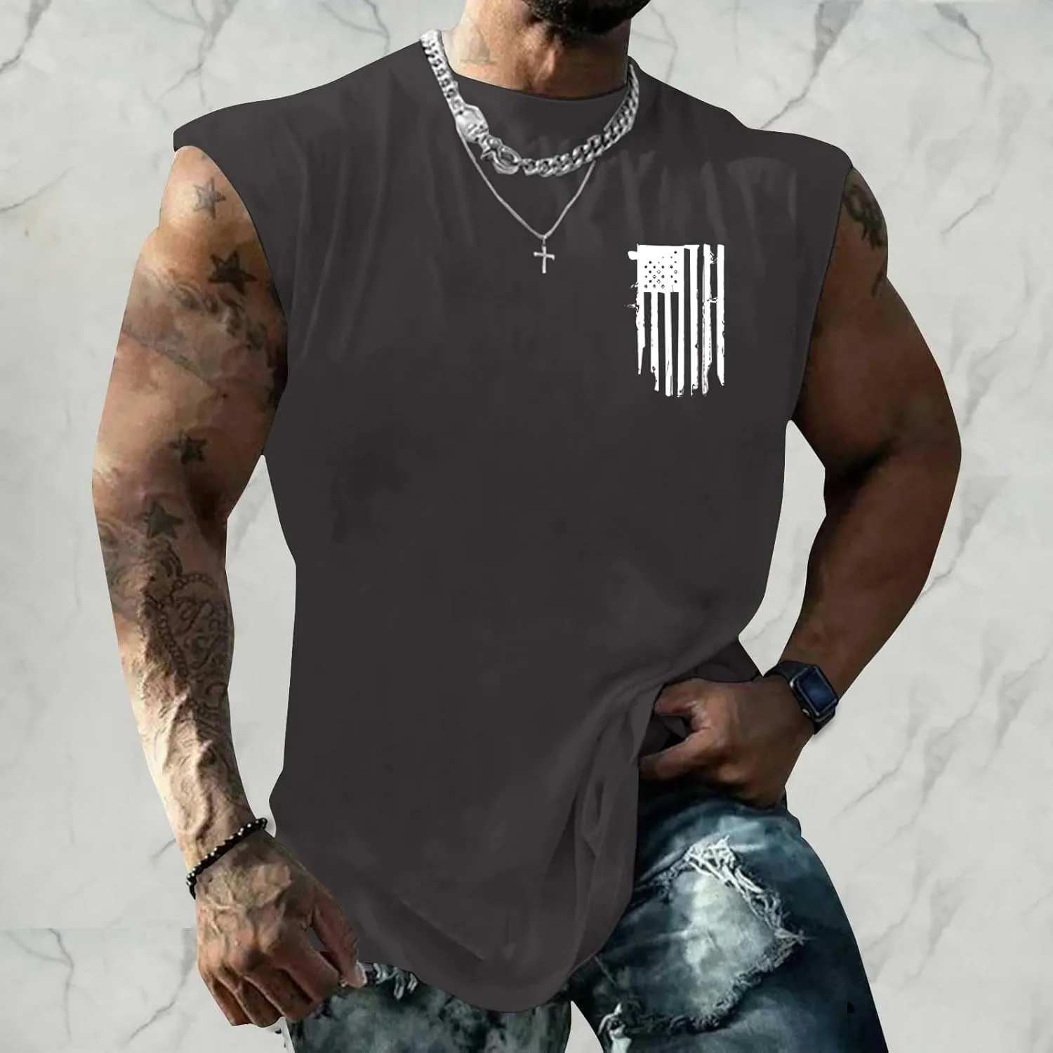 Mens Independence Day Tank Top Lightweight Quick Dry Soft Sleeveless Lapel Down Shirt Patriotic Casual Fitness Tops