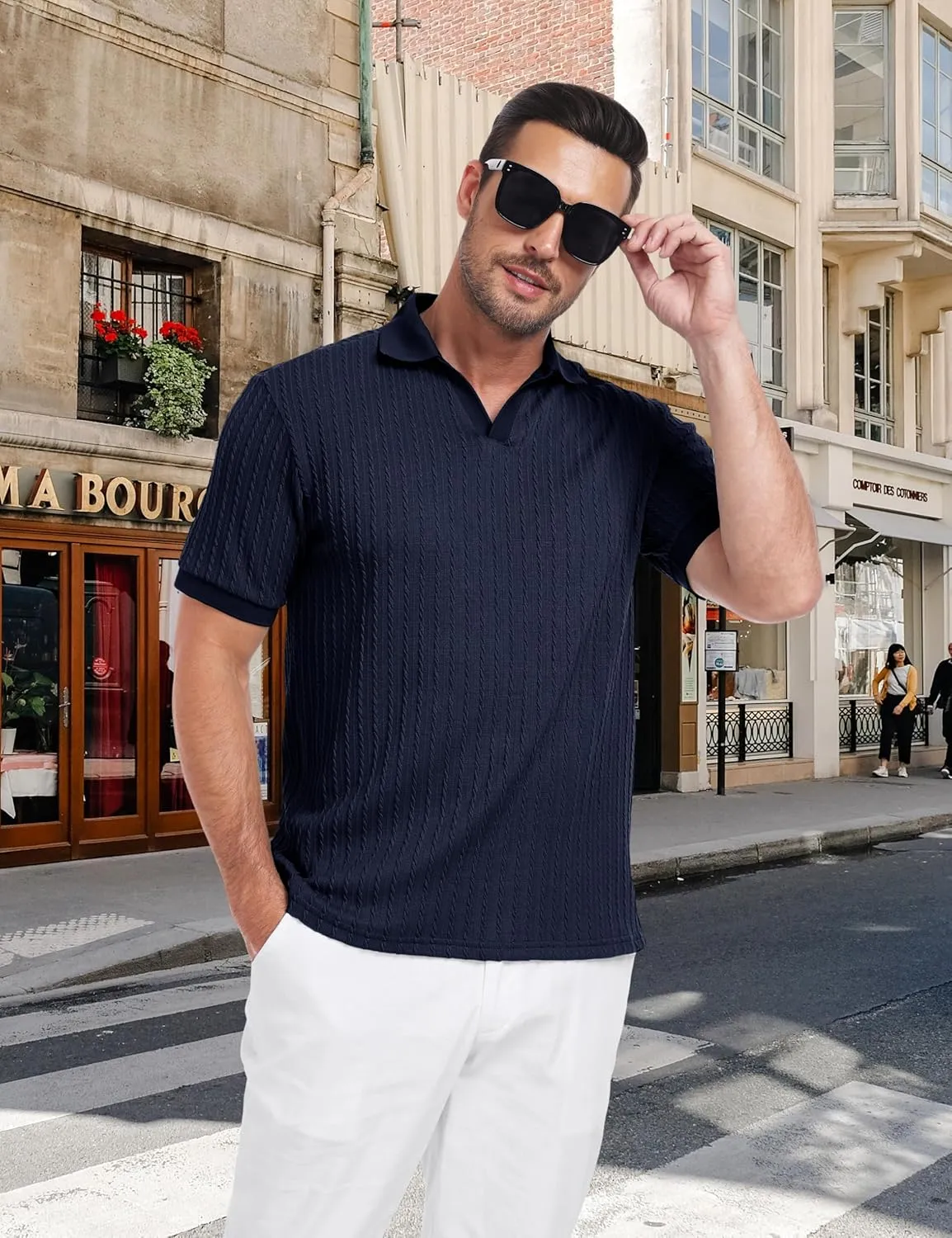 Mens Knit Polo Shirts Casual Stylish V Neck Short Sleeve Sweater Polo Knitted Textured Johnny Collar Tops Fashion 2025