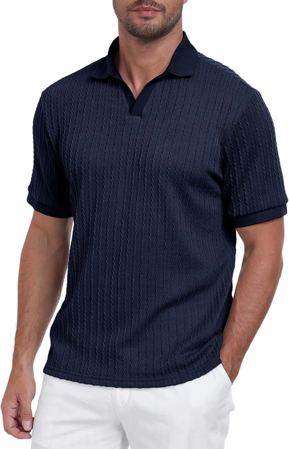 Mens Knit Polo Shirts Casual Stylish V Neck Short Sleeve Sweater Polo Knitted Textured Johnny Collar Tops Fashion 2025