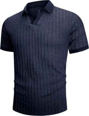 Mens Knit Polo Shirts Casual Stylish V Neck Short Sleeve Sweater Polo Knitted Textured Johnny Collar Tops Fashion 2025