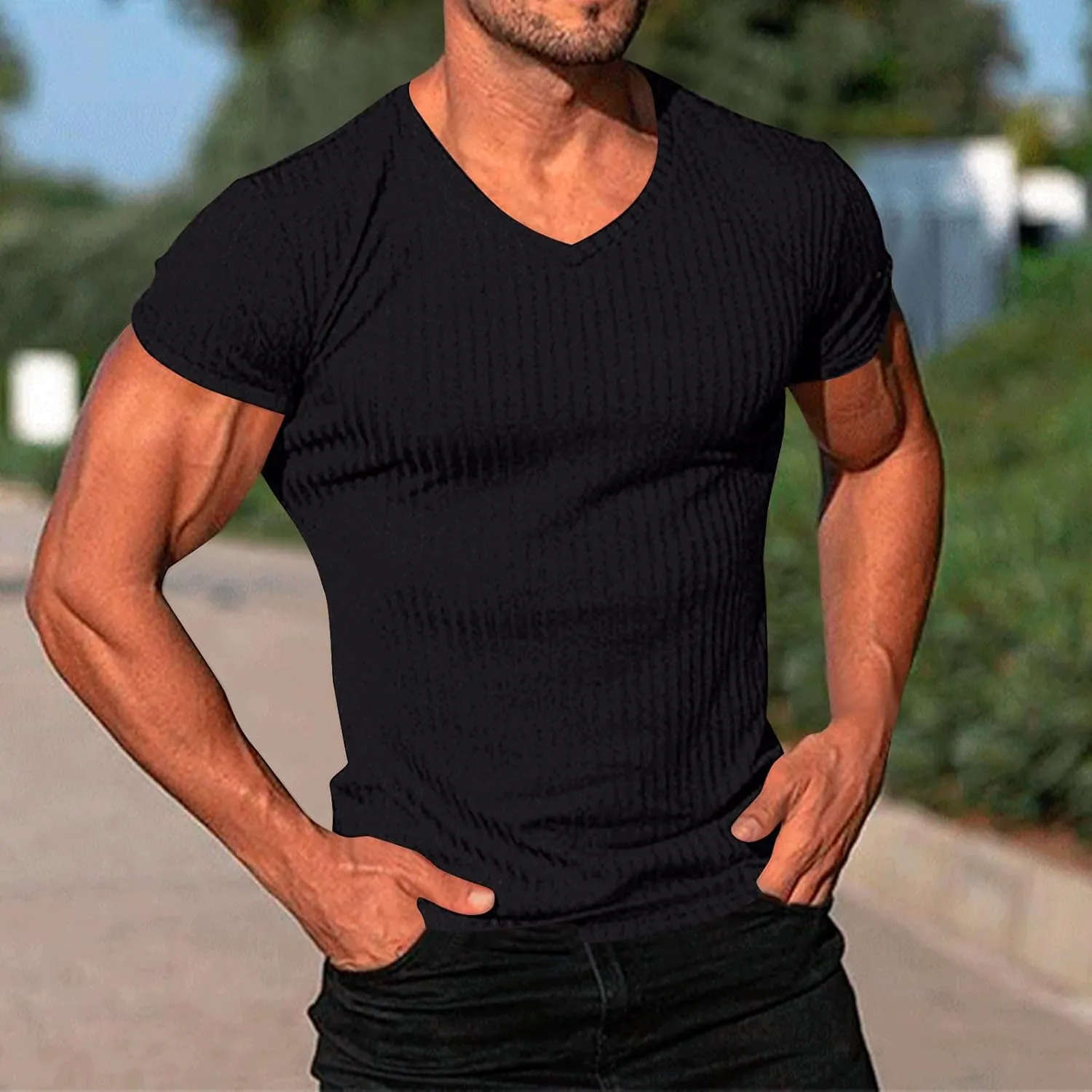 Mens Knit T Shirts Slim Fit Casual V Neck Short Sleeve Men Fashion Ribbed Knit Vintage Sweater Tee Pullover Shirts