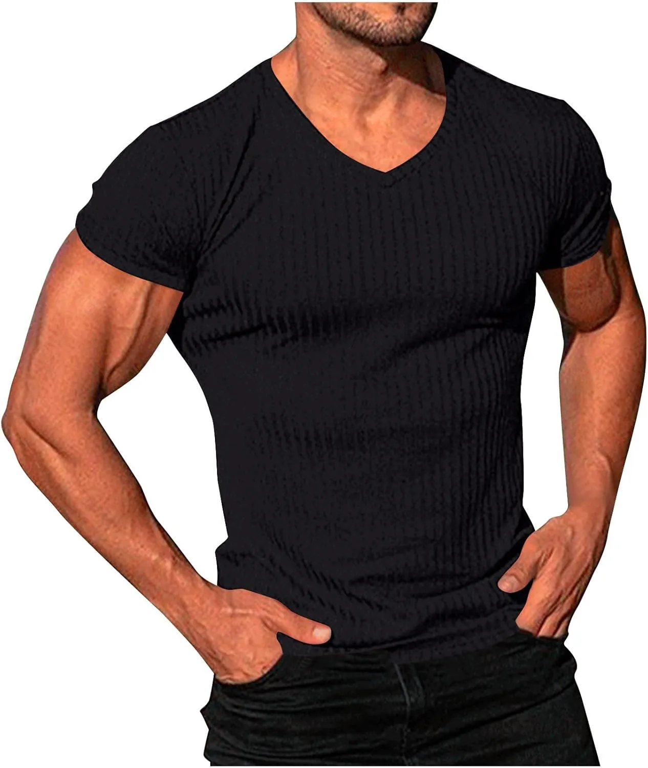 Mens Knit T Shirts Slim Fit Casual V Neck Short Sleeve Men Fashion Ribbed Knit Vintage Sweater Tee Pullover Shirts