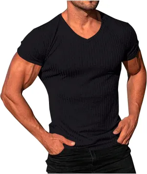 Mens Knit T Shirts Slim Fit Casual V Neck Short Sleeve Men Fashion Ribbed Knit Vintage Sweater Tee Pullover Shirts