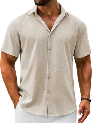 Men's Linen Shirts Short Sleeve Casual Button Down Shirts Summer Beach Wedding Vacation Cotton Tops