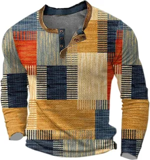 Mens Long Sleeve Henley Shirt 1/4 Button Plaid Printed Distressed Vintage Tops Color Block Slim Fit Golf Polo Shirts