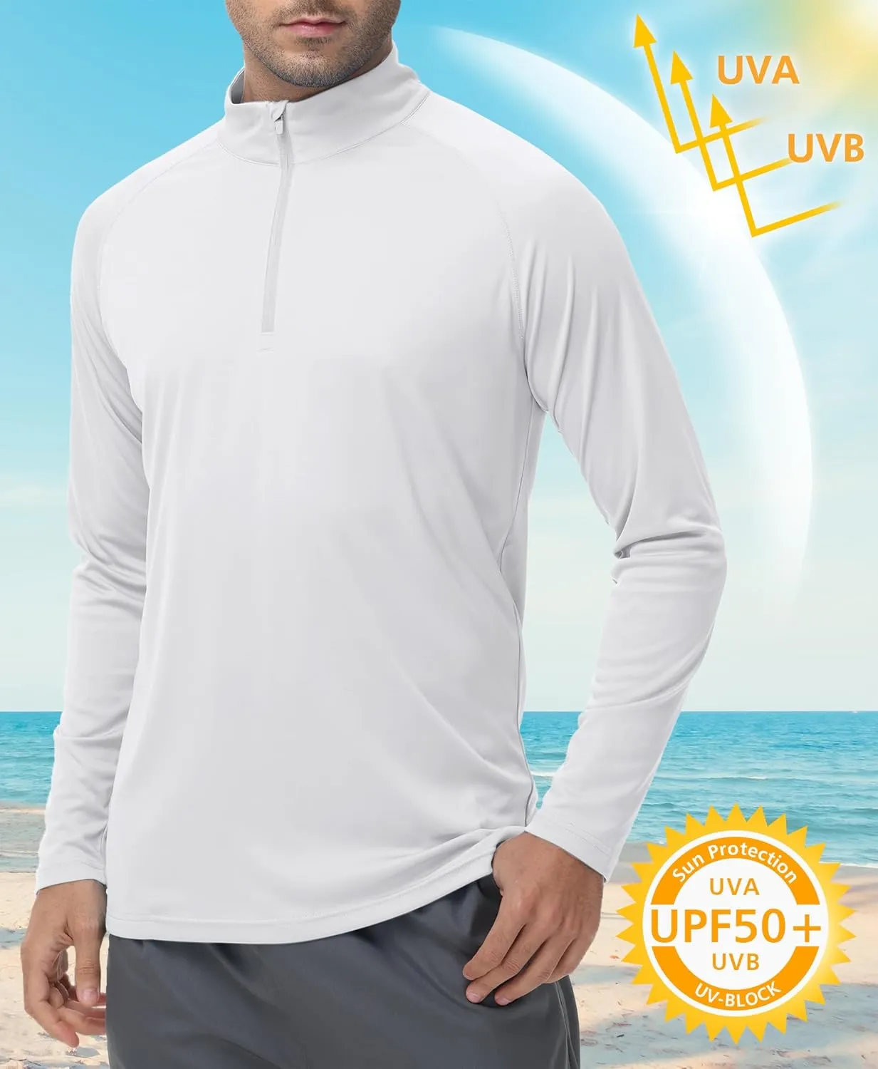 Men's Long Sleeve Sun Shirts UPF 50  1/4 Zip Fishing Running Rash Guard Tee Shirts UV Protection Hiking Outdoor Shirt