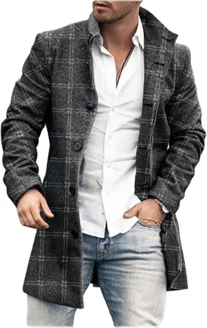 Men's Plaid Trench Coat Lapel Collar Mid Long Jacket Single Breasted Long Overcoat Classic Stylish Business Coat Tops