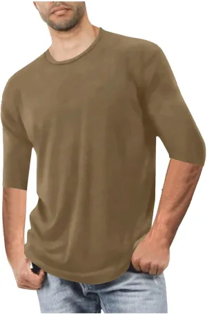 Mens Plus Size Solid Color T-Shirts Casual Crewneck 3/4 Sleeve Shirts 2025 Summer Tops Basic Pullover Workout Tees