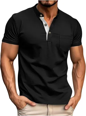 Men's Quick-Dry Short Sleeve Athletic Performance Polo Shirt Solid Color Button Stand-up Collar Pullover Golf Shirts
