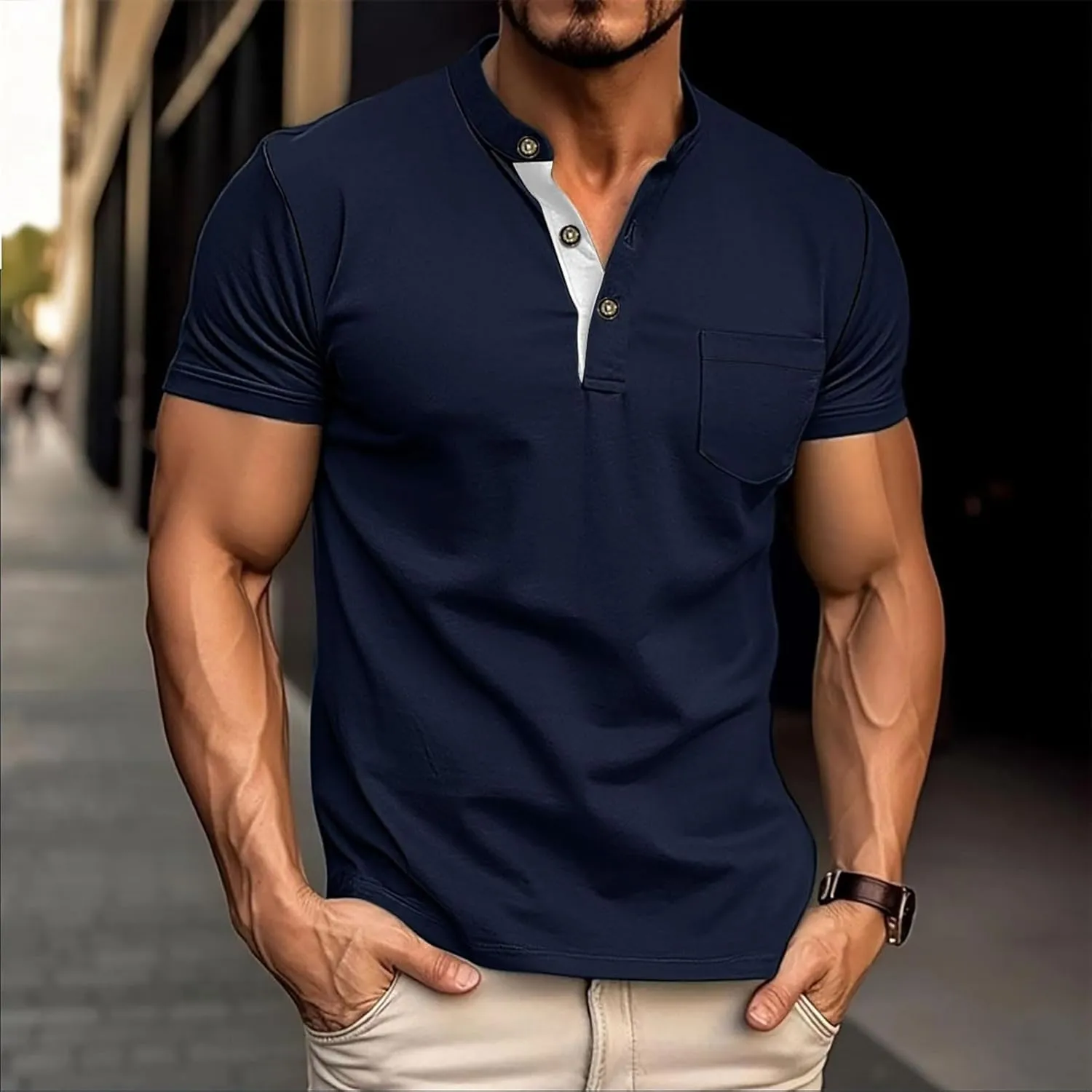 Men's Quick-Dry Short Sleeve Athletic Performance Polo Shirt Solid Color Button Stand-up Collar Pullover Golf Shirts