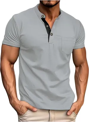 Men's Quick-Dry Short Sleeve Athletic Performance Polo Shirt Solid Color Button Stand-up Collar Pullover Golf Shirts