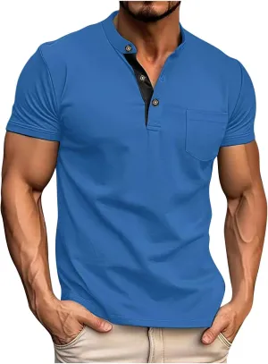 Men's Quick-Dry Short Sleeve Athletic Performance Polo Shirt Solid Color Button Stand-up Collar Pullover Golf Shirts